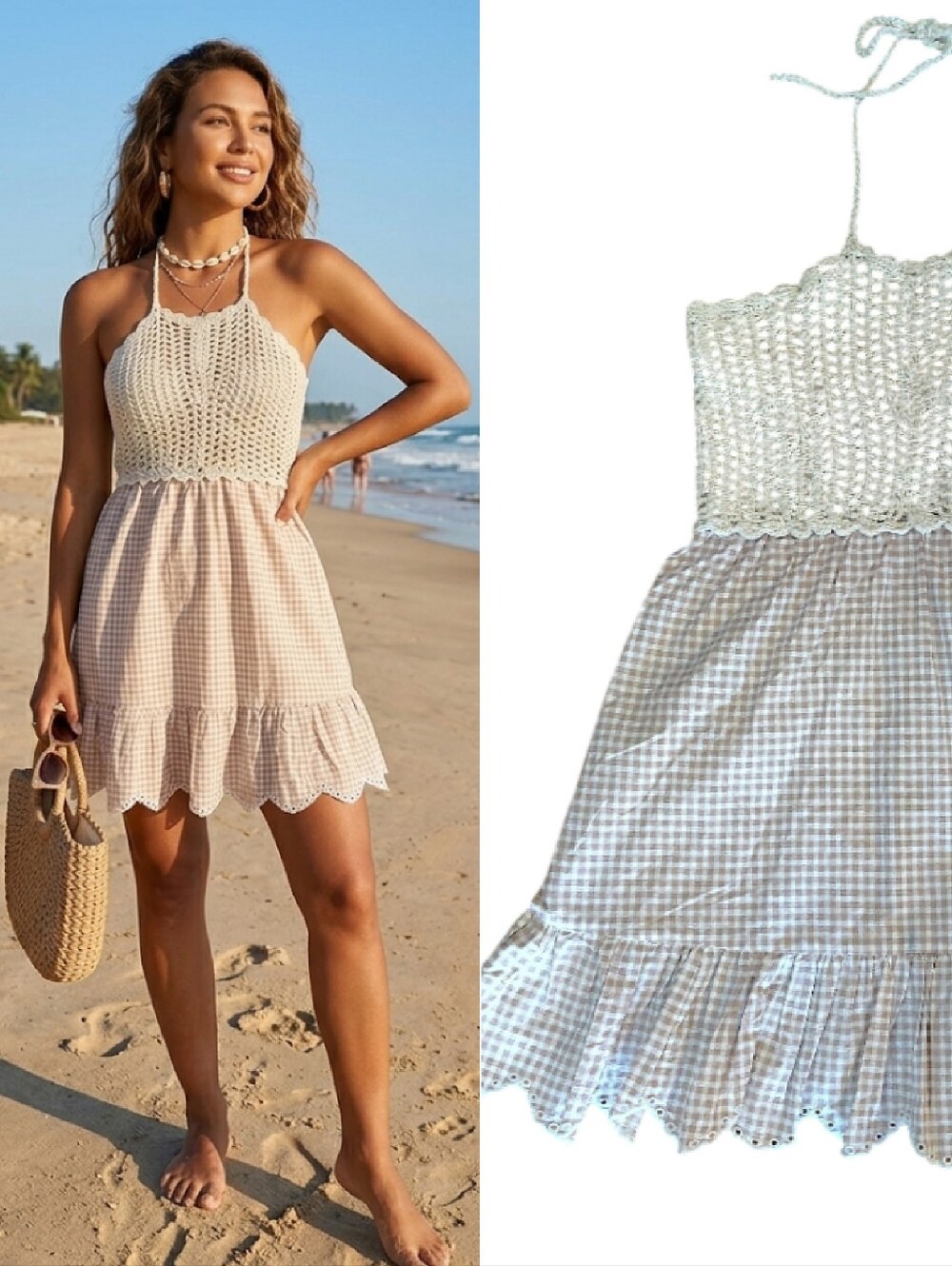 ASOS Cream Tan Crochet Halter Gingham Mini Dress SZ 6 NWT Eurocore